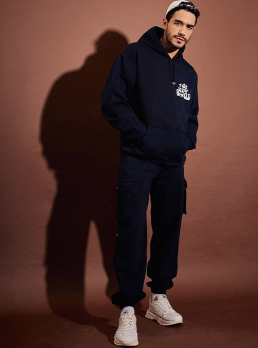 Navy Blue & White Typography Printed Hooded Oversized Tracksuit