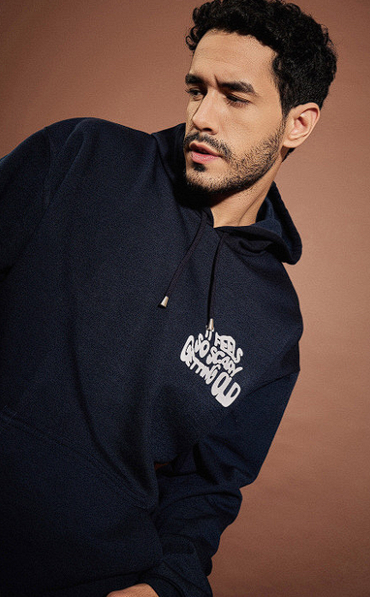 Navy Blue & White Typography Printed Hooded Oversized Tracksuit