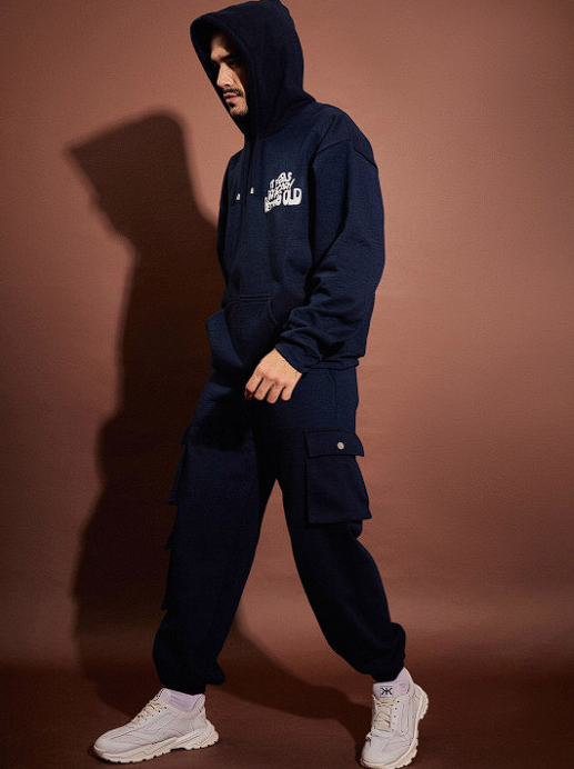 Navy Blue & White Typography Printed Hooded Oversized Tracksuit