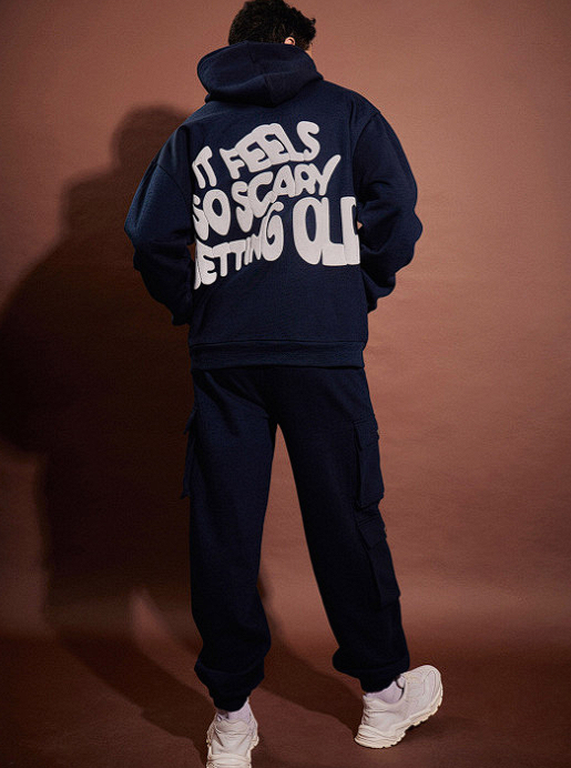 Navy Blue & White Typography Printed Hooded Oversized Tracksuit