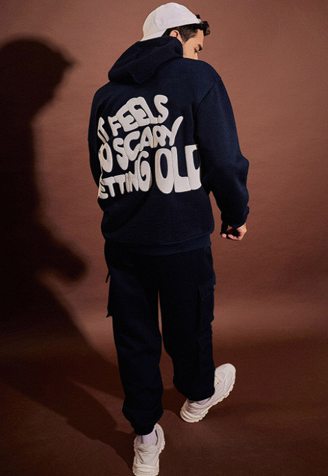 Navy Blue & White Typography Printed Hooded Oversized Tracksuit