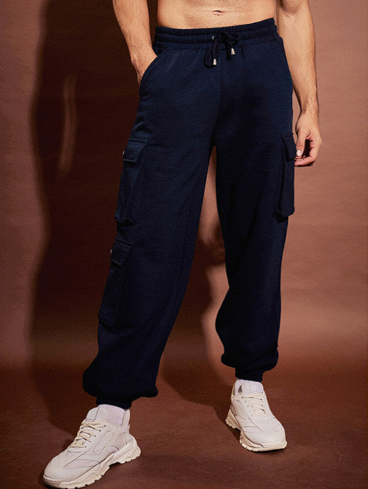 Navy Blue & White Typography Printed Hooded Oversized Tracksuit